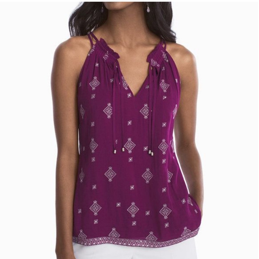WHBM Top Gypsy Embellished Plum Sleeveless Halter Embroidered w/ Tassel Tie S
